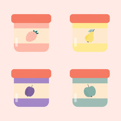 set of jars of jam. strawberry jam, pear jam, apple jam, plum jam