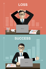 Financial success, financial loss flat illustration concepts set. Business situations. Flat design