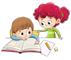 Child doing homework and his sister helps him. Family education