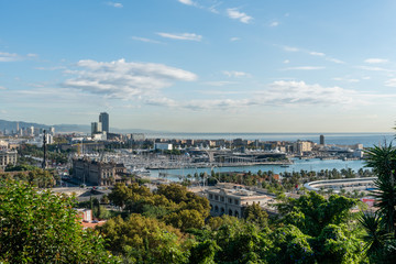 Scenic panoramic aerial Barcelona harbor vista, Catalonia