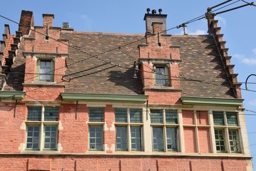 Tram cables in front of building in Ghent, Belgium