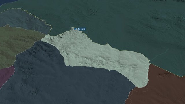 Rivera - department of Uruguay with its capital zoomed on the administrative map of the globe. Animation 3D