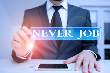 Conceptual hand writing showing Never Job. Concept meaning Choosing a job that you enjoy and enhance will your abilities Male human wear formal clothes present use hitech smartphone