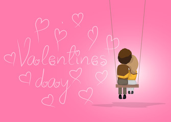 Happy Valentines Day Couple Sitting On Swing. Isolated On Background, Vector. Valentines Day Couple For Greeting Card. Happy Romance And Valentine Day.Happy Couple Hugging.Young Couple In Love Concept