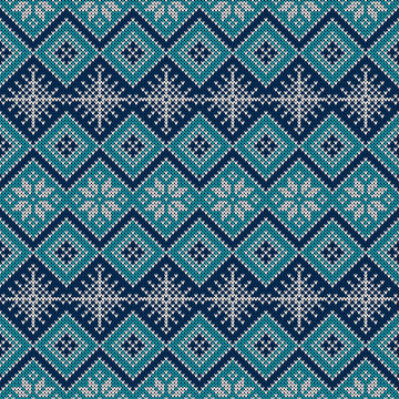 Knitted scandinavian pattern with snowflakes. Vector.