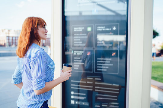 Concentrated hipster girl looking on placeholder with advertising of text messages, female traveler using touristic billboard with information standing on street with caffeine beverage in hand
