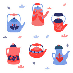 set with bright teapots. floral printed teapots.