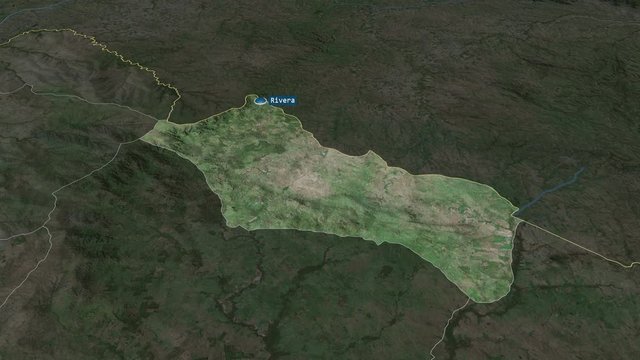 Rivera - department of Uruguay with its capital zoomed on the satellite map of the globe. Animation 3D