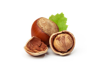 Hazelnut nut many leaves isolated on a white background as a packaging design element