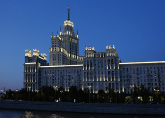 Fototapeta na wymiar Moscow. High-rise building on Kotelnicheskaya embankment. Night view from the Moscow river