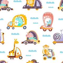 Wallpaper murals Animals in transport Funny artoon Animals Driving Different Vehicles Seamless Vector Pattern