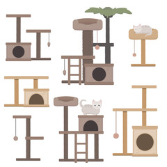 Vector set of cat towers illustration for pet shop. Stock illustration isolated on white background. Claw sharpener, claw point, cat house vector.