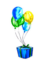 balloons and birthday gift watercolor drawing