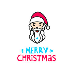 Santa Claus face with Merry Christmas text. Merry christmas greeting card. White background.