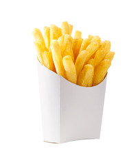 French fries in a white carton box isolated on white background