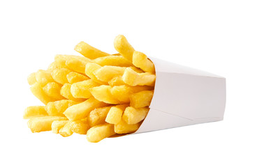 French fries in a white carton box isolated on white background