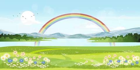 Panorama view of spring village with green meadow on hills with blue sky and rainbow after rain,Vector cartoon Spring or Summer landscape, Panorama countryside mountains and lake with  flowers fields