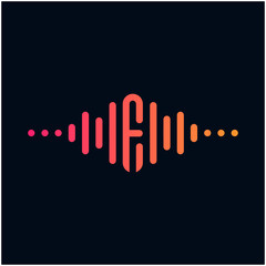 letter F with Pulse music player element. Logo template electronic music, equalizer, store, dj, nightclub, disco. Audio wave logo concept, Multimedia Technology themed, Abstract Shape. - vector