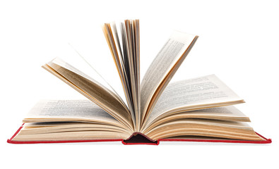 Open hardcover old book isolated on a white background