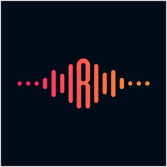 letter R with Pulse music player element. Logo template electronic music, equalizer, store, dj, nightclub, disco. Audio wave logo concept, Multimedia Technology themed, Abstract Shape. - vector
