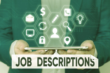 Word writing text Job Descriptions. Business photo showcasing a formal account of an employee s is...