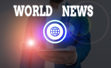 Text sign showing World News. Business photo showcasing global noteworthy information about recent...