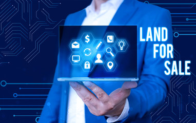 Word writing text Land For Sale. Business photo showcasing Real Estate Lot Selling Developers Realtors Investment