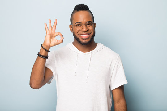 Happy Smiling African American Man, Satisfied Client Showing Ok Gesture