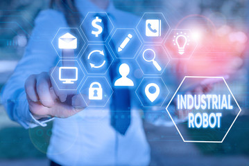 Writing note showing Industrial Robot. Business concept for robotic mechanism used in the fabrication of products