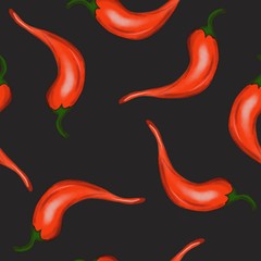 Seamless pattern with red chili pepper on dark background 