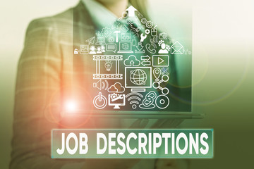 Text sign showing Job Descriptions. Business photo text a formal account of an employee s is...