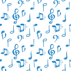 Vector illustrated blue ink music notes and keys pattern