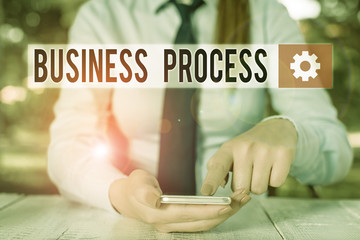 Conceptual hand writing showing Business Process. Concept meaning implemented to accomplish a target organizational goal Female business person sitting and holding mobile phone