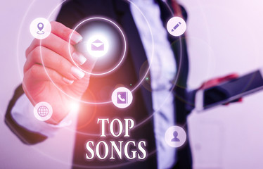 Text sign showing Top Songs. Business photo showcasing recorded song that becomes broadly popular or wellknown