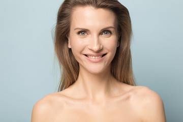Head shot portrait beautiful smiling woman with perfect skin