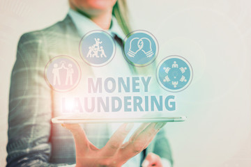 Conceptual hand writing showing Money Laundering. Concept meaning concealment of the origins of...