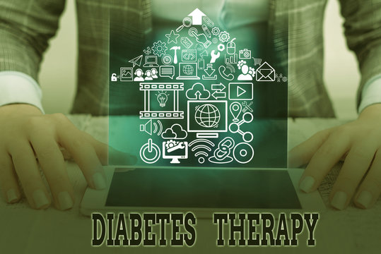 Conceptual hand writing showing Diabetes Therapy. Concept meaning aim to achieve lower average blood glucose results