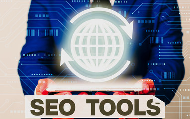 Text sign showing Seo Tools. Business photo showcasing process of affecting online visibility of...
