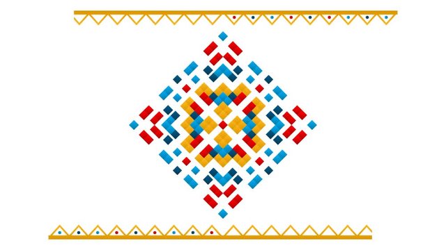 Bright geometric tribal logo, abstract shape of diagonal pixels. Motion design animation on white