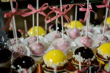 Sweets and cakes. Designer sweets on candy bar