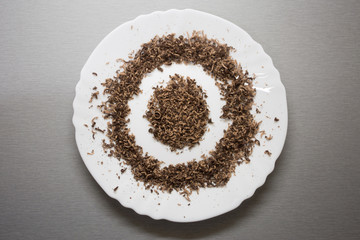 Chocolate chips on a white plate