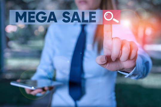 Word writing text Mega Sale. Business photo showcasing The day full of special shopping deals and heavy discounts Handsome business girl pointing with finger into empty space