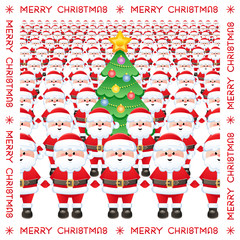 Merry Christmas. A huge group of Santa Clauses and Christmas tree on white. Cute greeting card. Vector illustration.