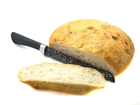 Knife And Bread Isolated On A White Background. Composition Of A Black Knife, Pita Bread And A Slice Of Bread. Set Of Ceramic Knife And Round Bread. Sliced Slice Of Pita And Knife.