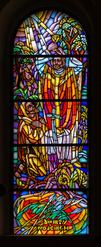 Stained-glass window depicting Saint Adalbert of Prague (also known as Vojtech or Wojciech). Roman Catholic Church of Saint Anne.