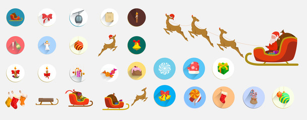 Christmas icons set. Holiday objects collection illustration: santa, wreath, north pole, snowman, gift, christmas tree, santa hat, bag, reindeer, mistletoe, holly, toy, bell