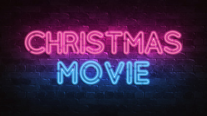 Christmas movie neon sign. purple and blue glow Night lighting. 3d illustration. Holiday background. Greeting card for decorative design. New year christmas. Trendy Design. bright advertisement.