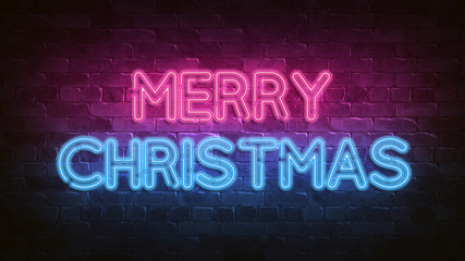 merry christmas neon sign. blue glow. Night lighting on the wall. 3d illustration. Holiday background. Greeting card for decorative design. New year christmas. Trendy Design. bright advertisement.