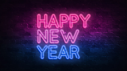 Happy new year neon sign. Night lighting on the wall. 3d render. Holiday background. Greeting card for decorative design. New year christmas. Trendy Design. light banner, bright advertisement.