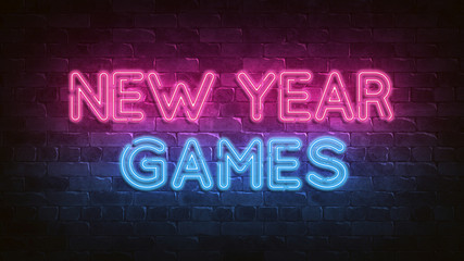 New Year Games neon sign. purple and blue glow. neon text. Night lighting 3d render. Holiday background. Greeting card for decorative design. New year christmas. Trendy Design. bright advertisement.